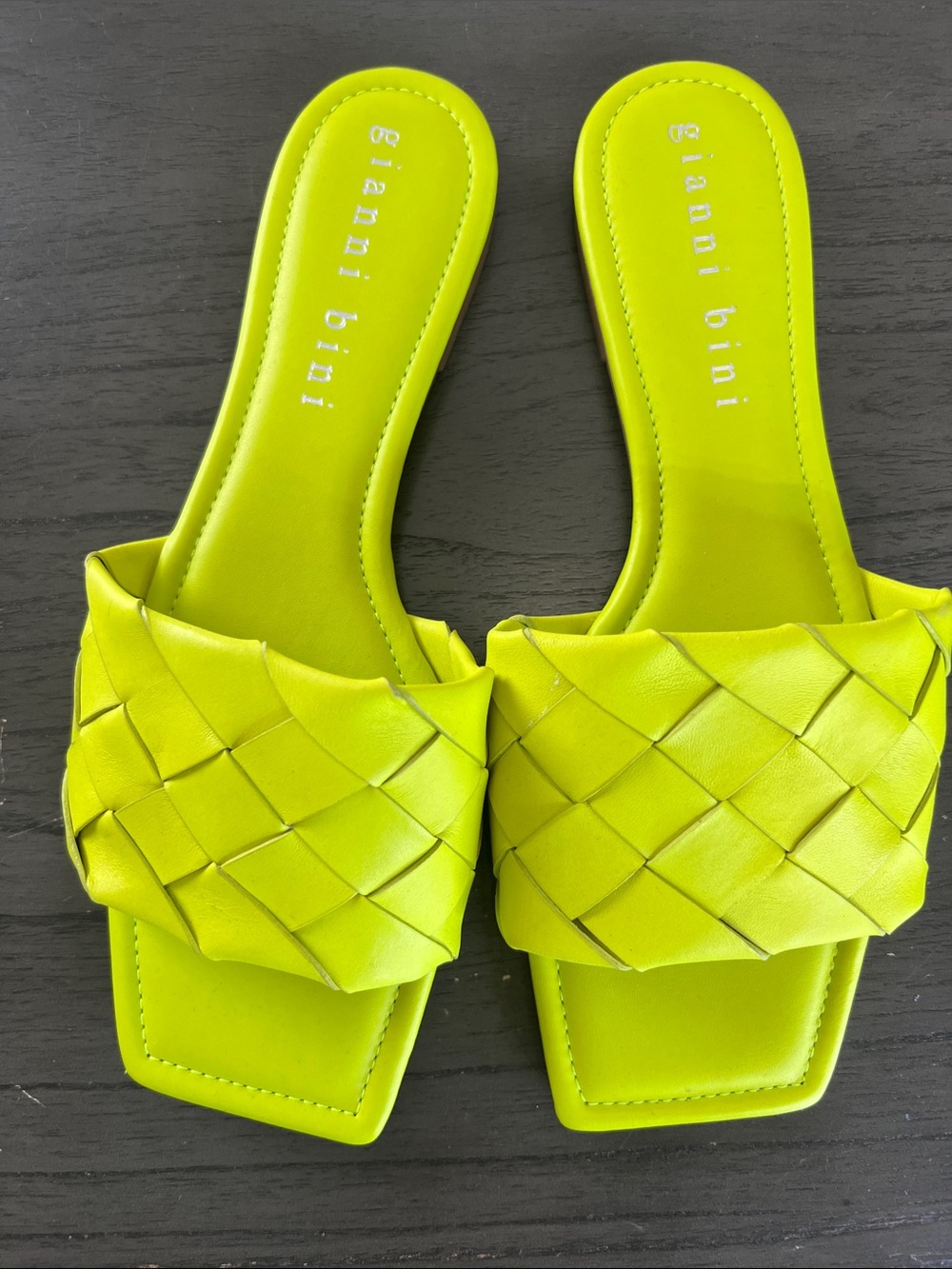 Gianni Bini Neon Green Woven Leather Slide Mules